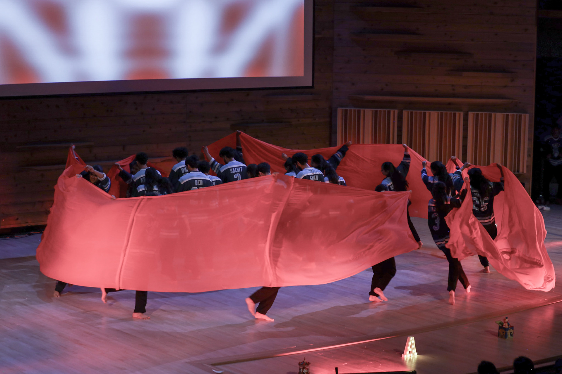 Dance ensemble moving through sweeping red fabric on stage