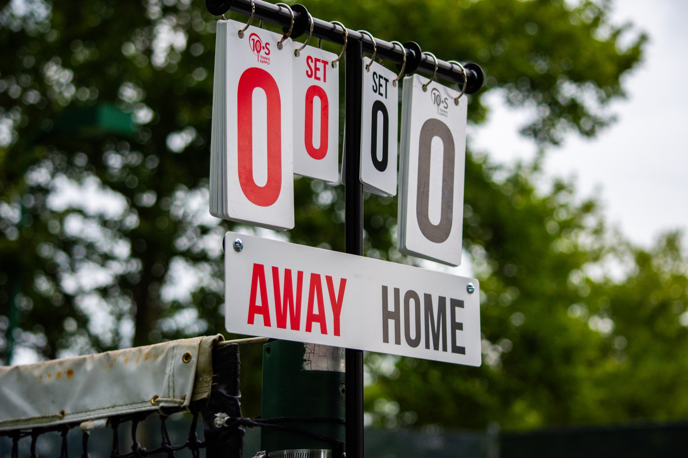 Courtside tennis scoreboard ready at the start of a tournament match