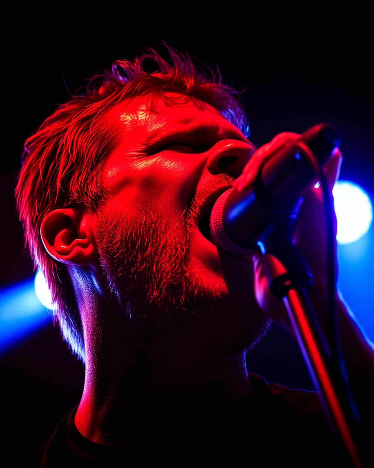 Vocalist mid-scream in red light