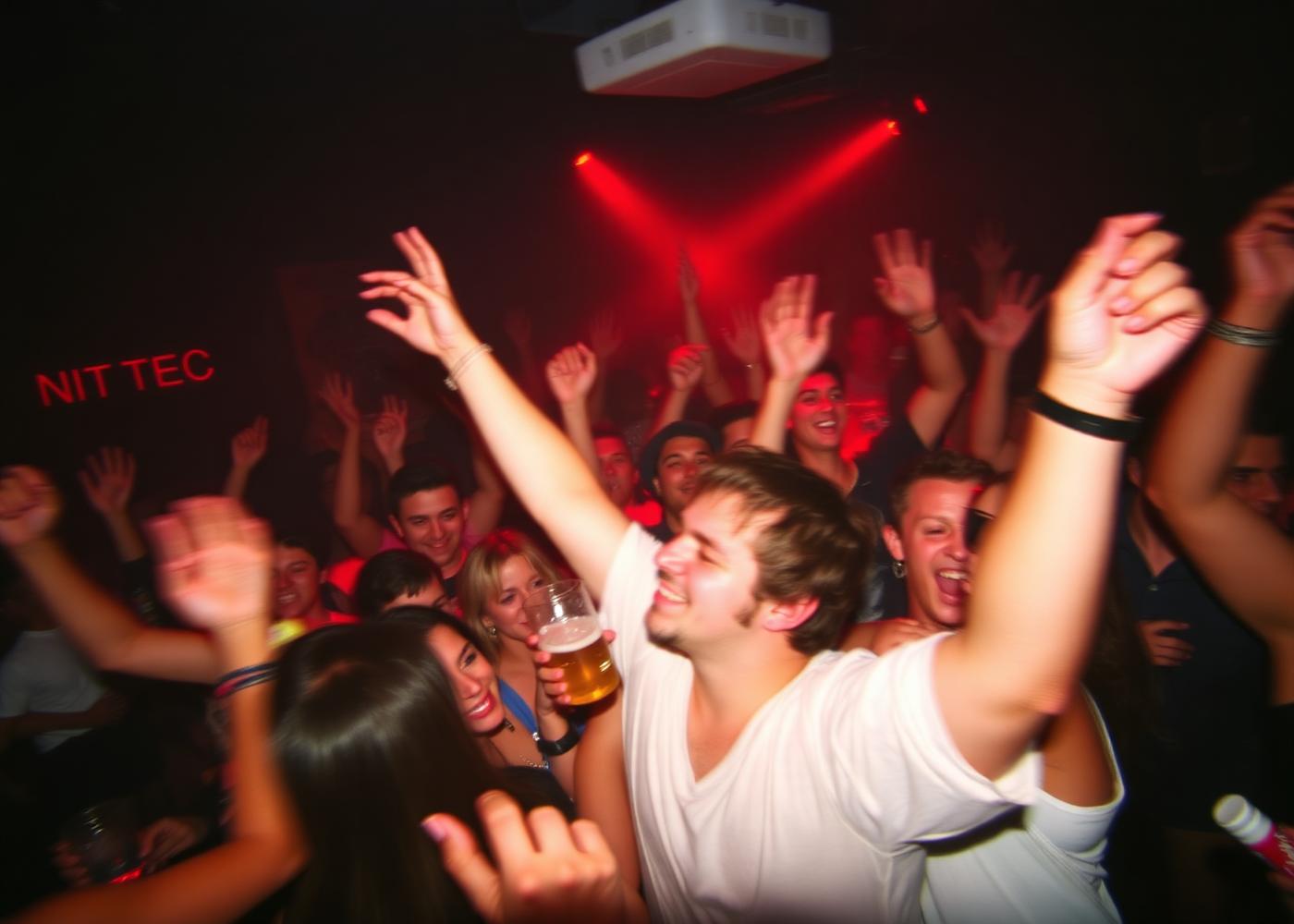 Nightclub crowd cheering with drinks