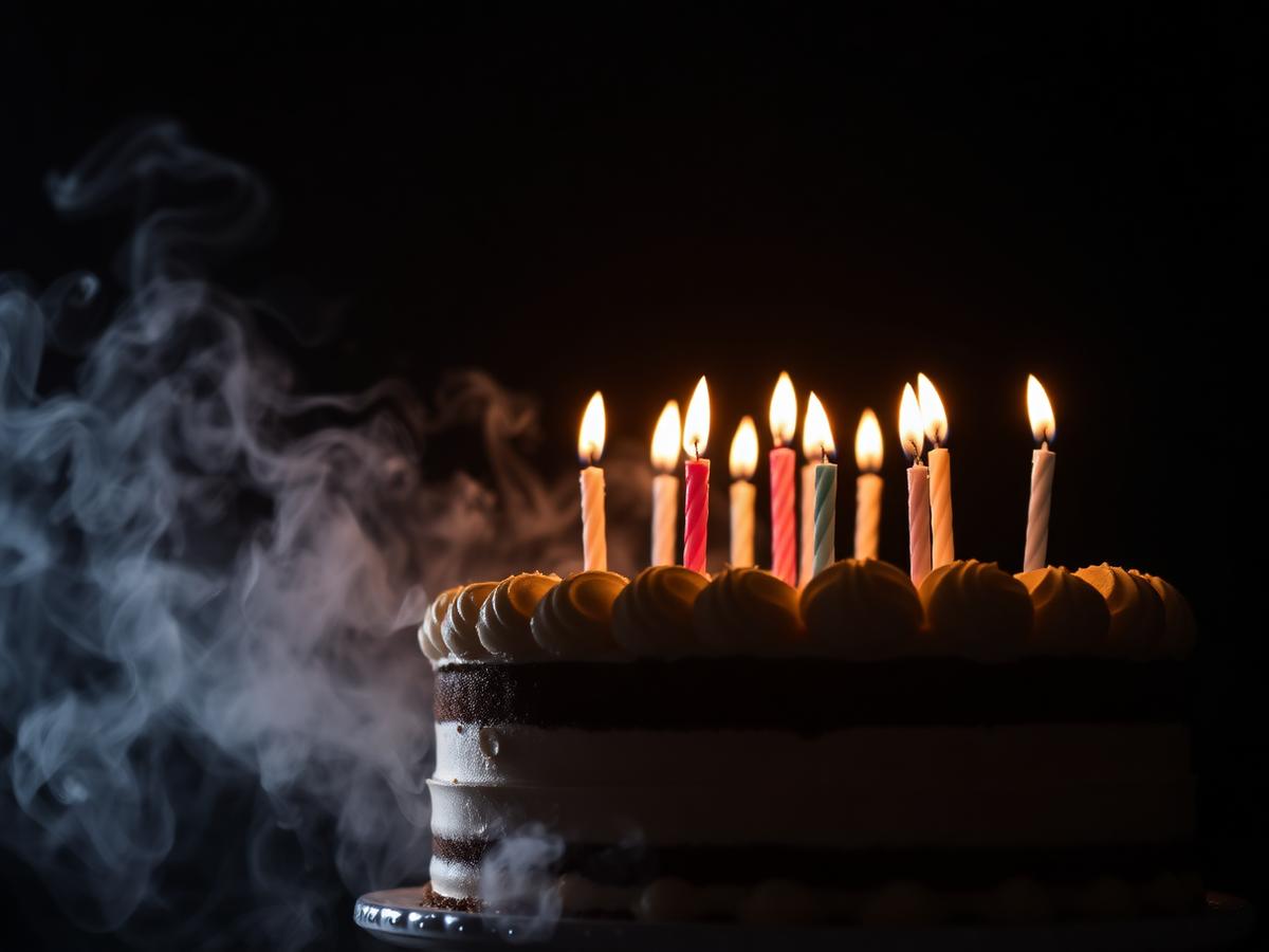 Birthday cake with lit candles and smoke