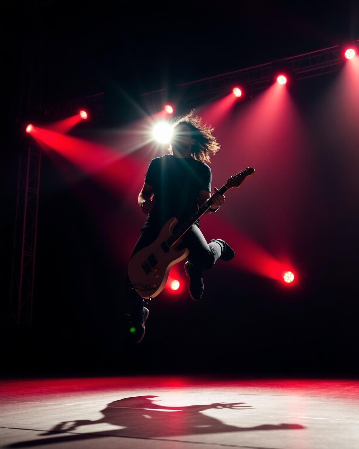 Guitarist leaping mid-riff on stage